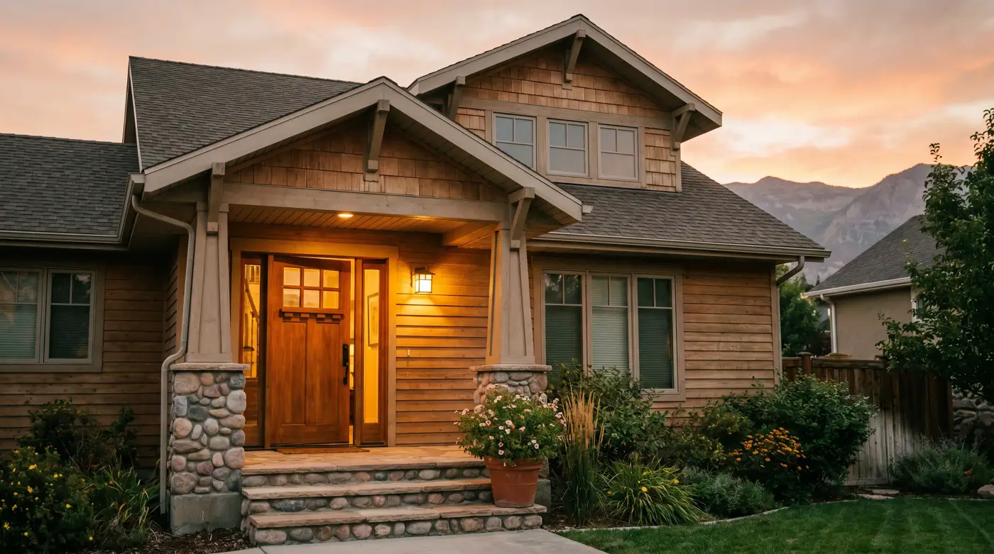 A warm, modest single-family home in Lehi, Utah at dusk